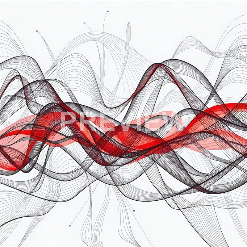 The image features an abstract digital artwork composed of numerous flowing, intertwined lines forming wave-like patterns. The lines are primarily black, with some sections highlighted in red, creating a dynamic sense of movement against a light, neutral background. The composition appears layered, with the lines overlapping and varying in density, giving a sense of depth and complexity.